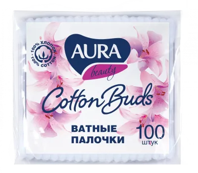 AURA палочки ватные п/э пакет 100шт