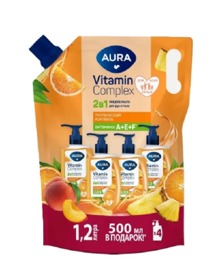 AURA Vitamin Complex мыло жидкое д/рук и тела 2в1 тропический коктейль д/пак 1200мл