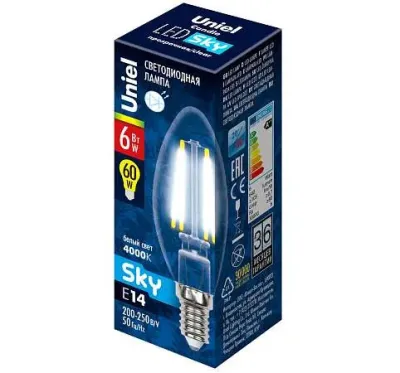 UNIEL лампа светодиодная sky свеча белый свет LED-C35-6W/NW/E14/CL PLS02WH