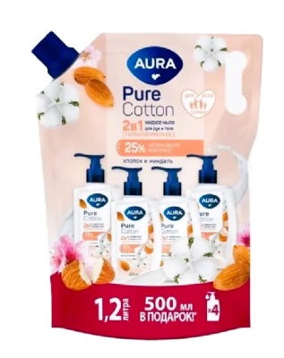 AURA Pure Cotton мыло жидкое д/рук и тела 2в1 миндаль и хлопковое молочко дой-пак 1200мл