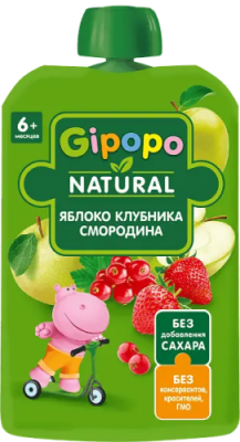 GIPOPO пюре детское фруктовое яблоко клубника красная смородина 90г пауч/12