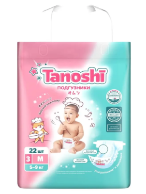 TANOSHI подгузники д/детей размер M 5-9кг 22шт