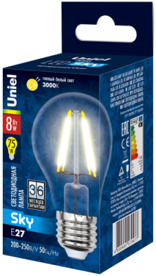 UNIEL лампа светодиодная sky груша LED-A60-8W/WW/E27/CL PLS02WH